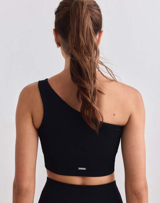 Aim'n Black ribbed seamless one shoulder bra in black, 3 of 4