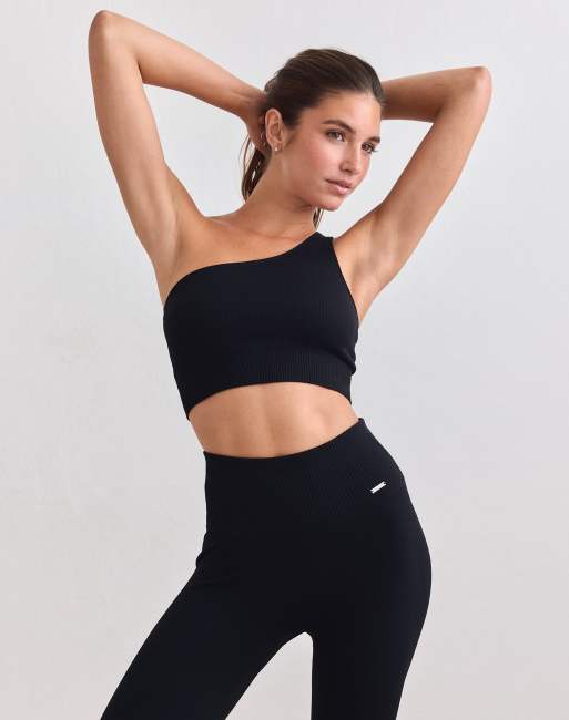 Aim'n Black ribbed seamless one shoulder bra in black, 4 of 4