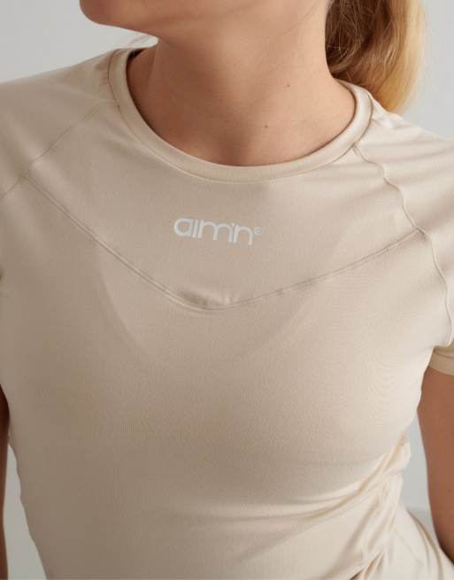 Aim'n - Café au Lait - Beige og kortærmet basis-t-shirt i blødt stof, 4 af 4