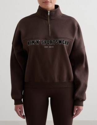 Aim'n - College-Sweatshirt in Schokobraun mit halblangem Reißverschluss-Brown