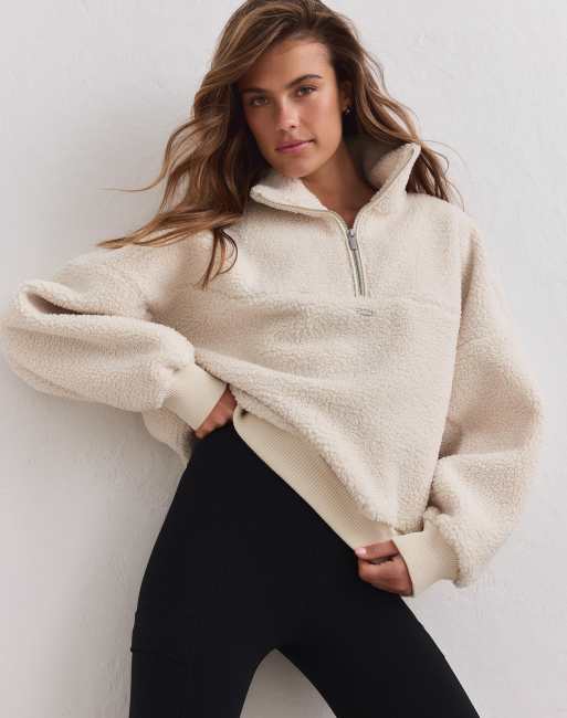 Aim'n Cream pile half zip in cream, 4 of 4