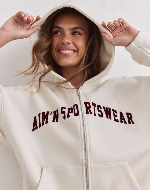Aim'n Cream varsity sweat zip hood in cream, 2 of 4
