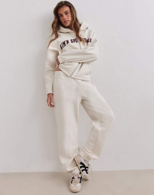 Aim'n Cream varsity sweat zip hood in cream, 3 of 4