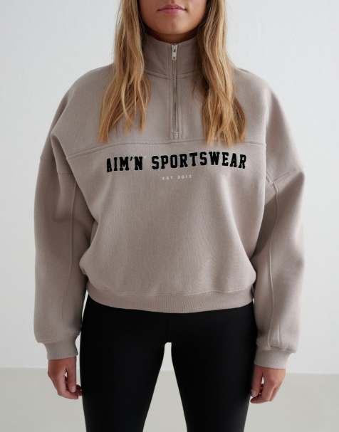 Aim'n - Dark Clay - Beige sweatshirt i varsitystil med kort lynlås - view 1