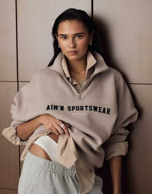 Aim'n - Dark Clay - Sweat style universitaire à col zippé - Beige, 4 de 4