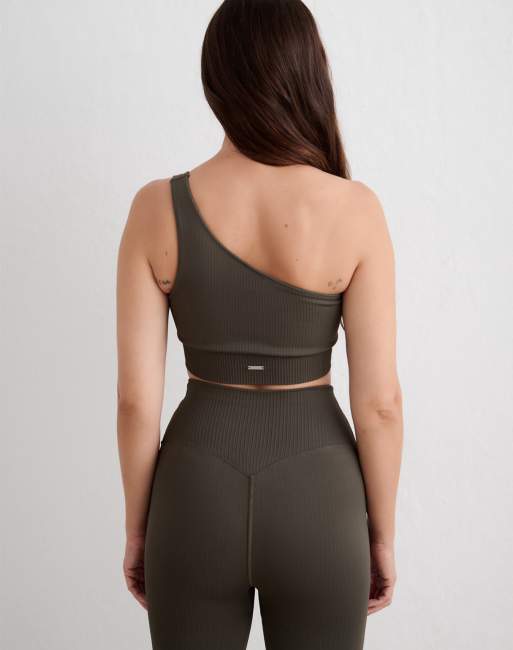 Aim'n Dark ivy ribbed seamless one shoulder bra in dark ivy, 3 of 4