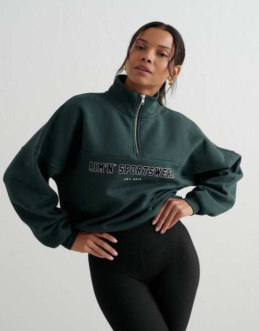 Aim'n Deep emerald varsity sweat half zip in deep emerald green, 4 of 4