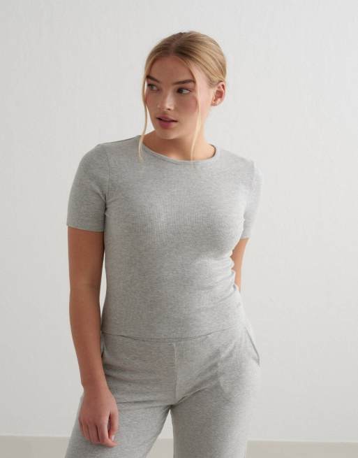 Aim'n - Ease - T-shirt a maniche corte color grigio mélange a coste