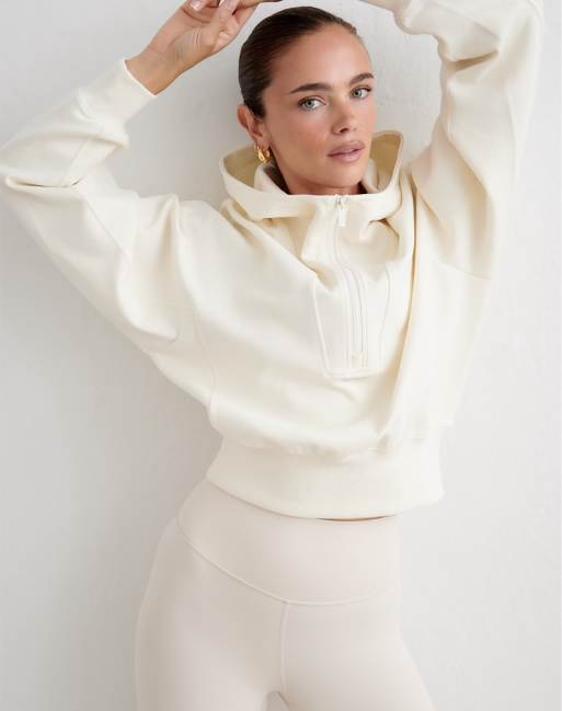 Aim'n felpa con cappuccio sportiva con mezza zip color crema, 1 di 4