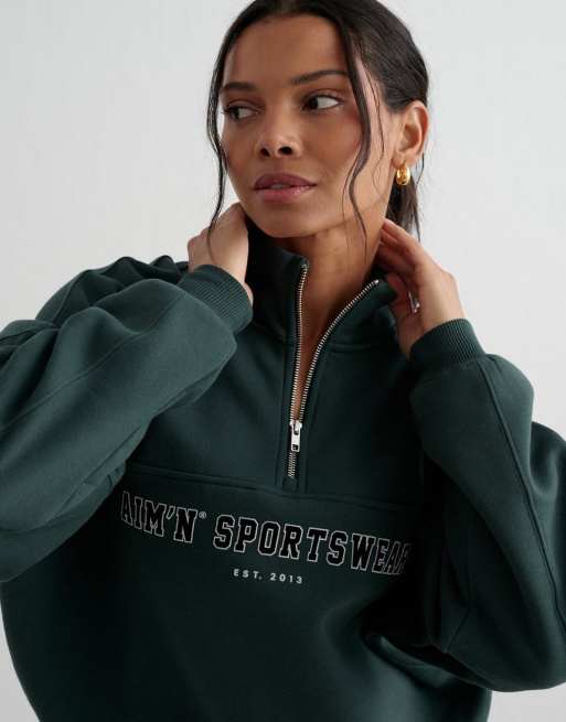 Aim'n - Felpa verde smeraldo scuro con zip corta stile college