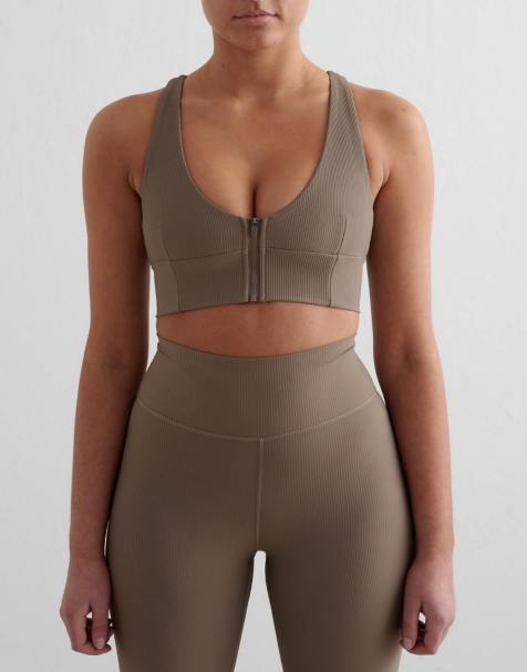 Aim'n - Geribbelde performance bh met rits in nougat bruin - view 1