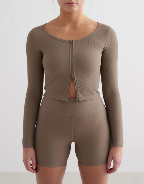 Aim'n – Gerippte Performance-Strickjacke in Nougatbraun mit Reißverschluss - view 1