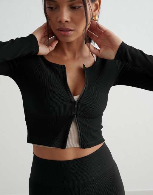 Aim'n – Gerippte Performance-Strickjacke in Schwarz mit Reißverschluss, 2 von 4