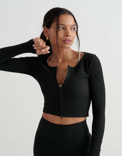 Aim'n – Gerippte Performance-Strickjacke mit Reißverschluss in Schwarz - view 1