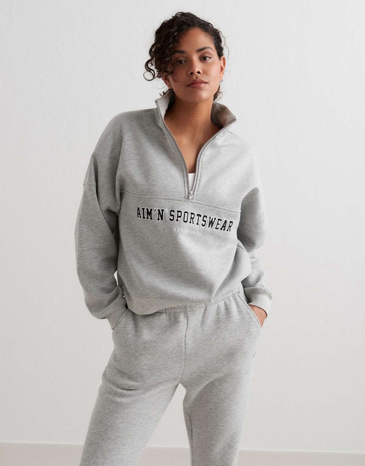 Aim'n Grey melange varsity sweat half zip in grey