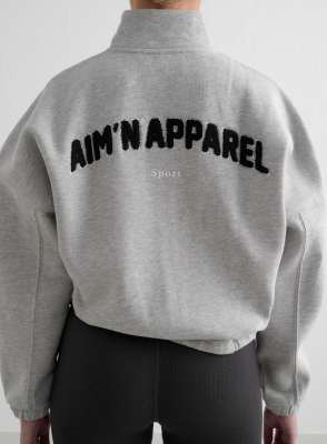 Aim'n - Grey - Sweatshirt-Jacke in meliertem Grau mit College-Design und Reißverschluss