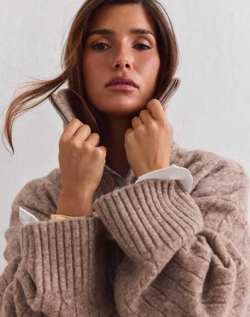 Aim'n Hazelnut oversized cable knit half zip in hazelnut, 2 of 4