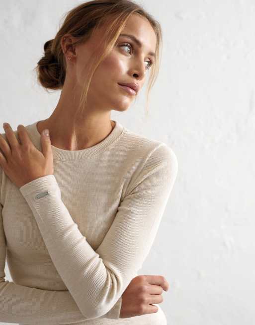 Aim'n - Maglia a maniche lunghe in lana beige Café au lait a coste, 2 di 4