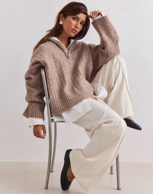Aim'n maglia a trecce oversize con mezza zip color nocciola, 1 di 4