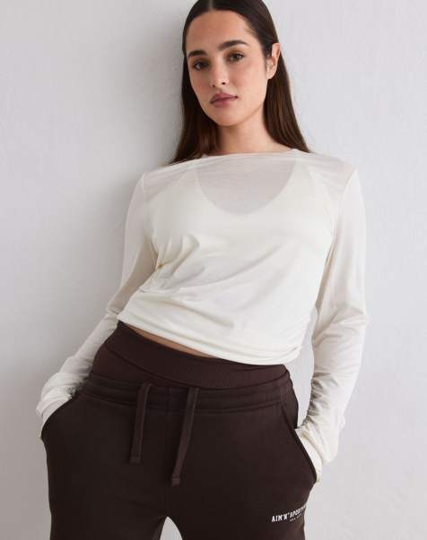 Aim'n - Off White Luminous - T-shirt a maniche lunghe bianco sporco con drappeggio - view 1