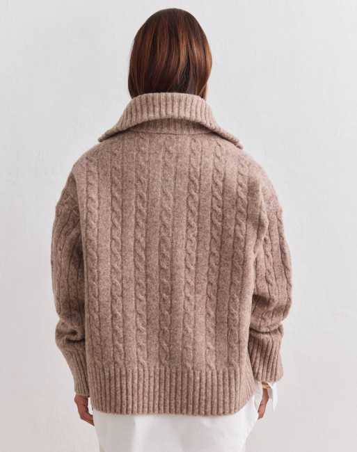 Aim'n oversized Zopfstrick-Pullover mit halbem Reißverschluss in Haselnussbraun, 3 von 4