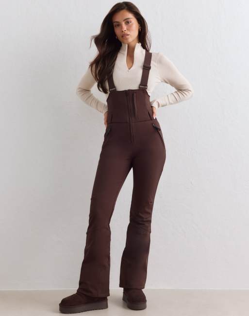 Aim'n pantaloni con pettorina termici elasticizzati color cioccolato, 1 di 4