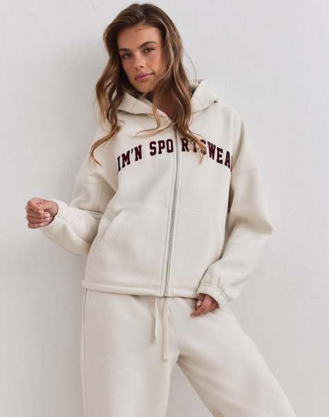 Aim'n - Sudadera con capucha y cremallera estilo varsity en color crema - view 1