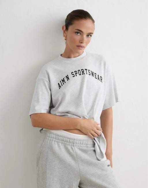 Aim'n - T-shirt coupe boyfriend style universitaire - Gris clair chiné, 3 de 4