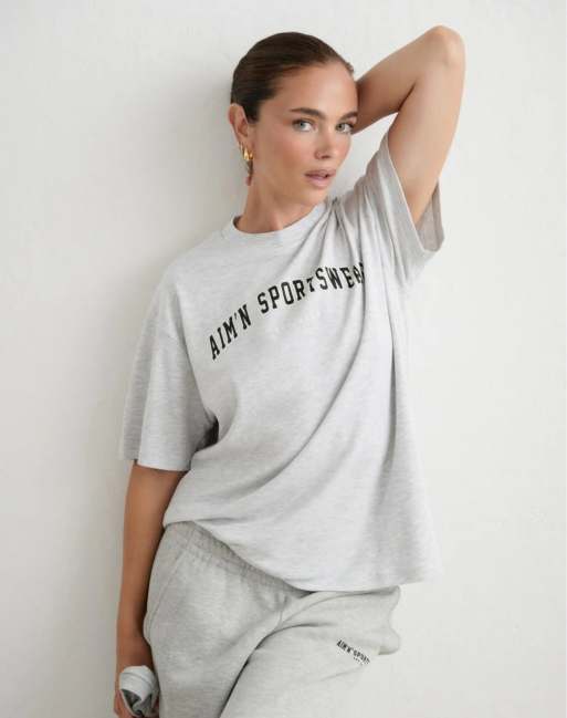 Aim'n - T-shirt coupe boyfriend style universitaire - Gris clair chiné, 4 de 4