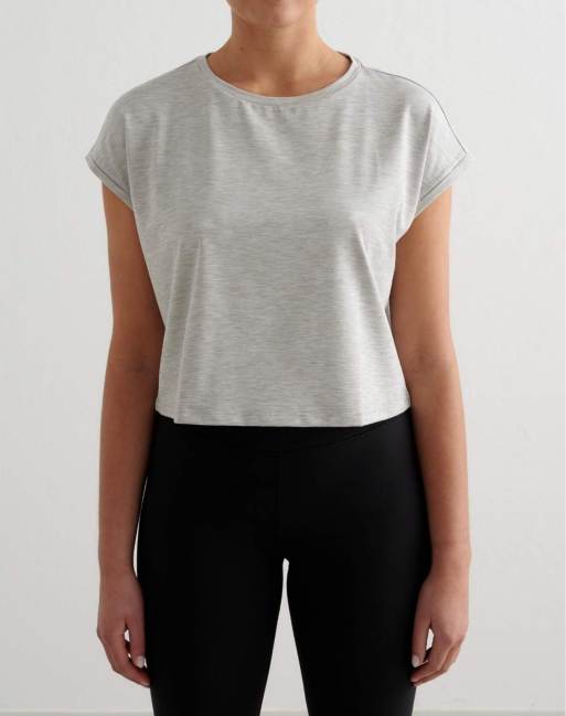 Aim'n - Top basic morbido color grigio mélange con maniche con risvolto