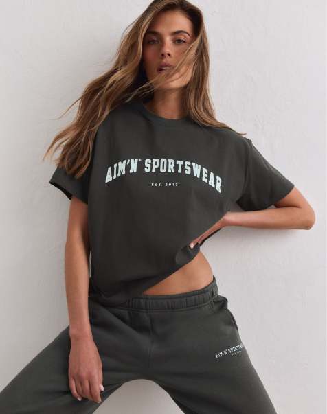 Aim'n varsity boxy T-shirt in donkergroen - view 1