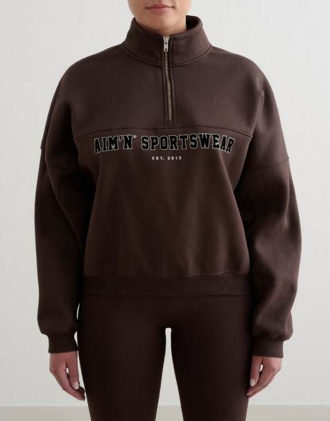 Aim'n - Varsity sweater met korte rits in chocoladebruin - view 1
