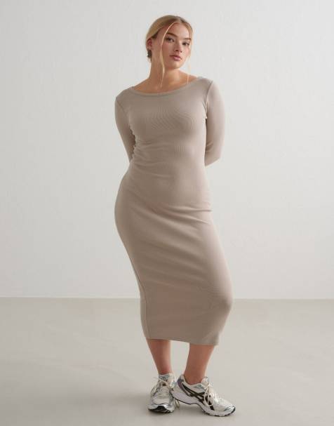 Aim'n - Vestido beis arcilla oscuro de manga larga de canalé Ease - view 1