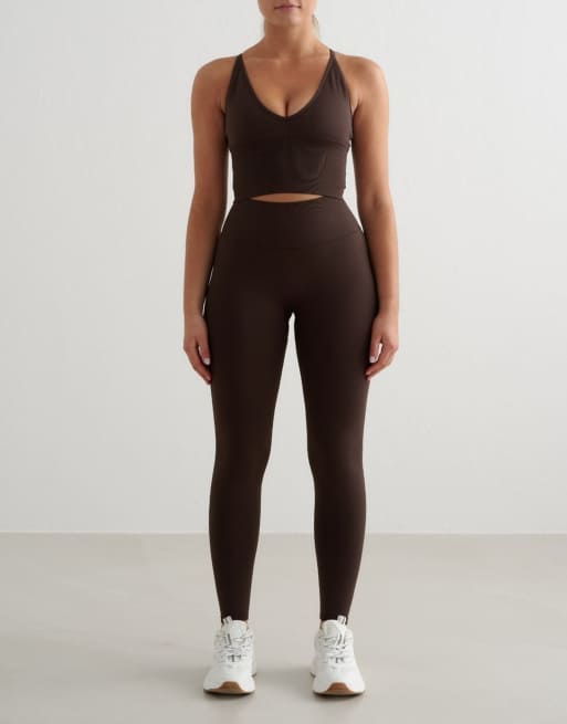 Aim'n - Set met jack met rits, bralette, naadloze legging, hotpants en flares in chocoladebruin, 4 van 6