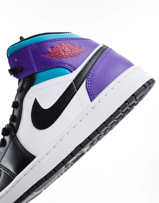 Black and white hotsell jordans with purple logo