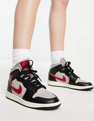 Shop Nike Air Jordan 1 Mid Sneakers In Black, Gray And Red