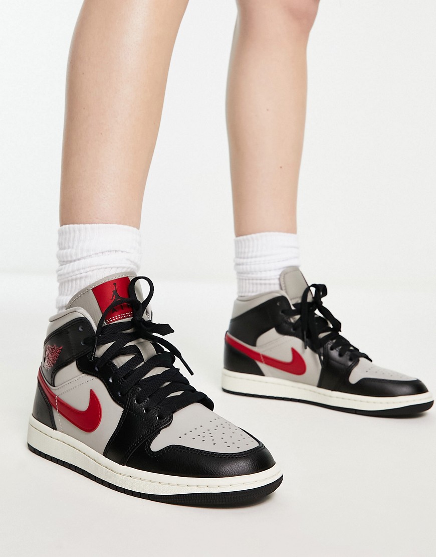 Shop Nike Air Jordan 1 Mid Sneakers In Black, Gray And Red