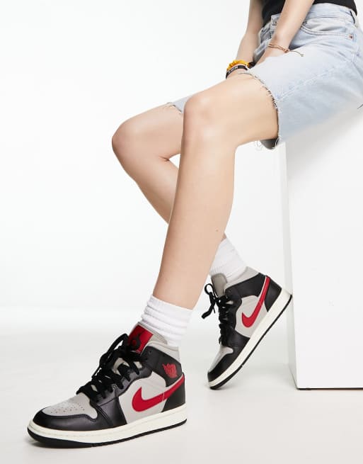 Air Jordan 1 Mid sneakers black college gray and gym red | ASOS