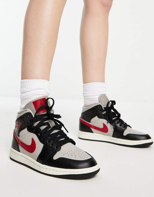 Air Jordan 1 Mid trainers in black college grey and gym red | ASOS