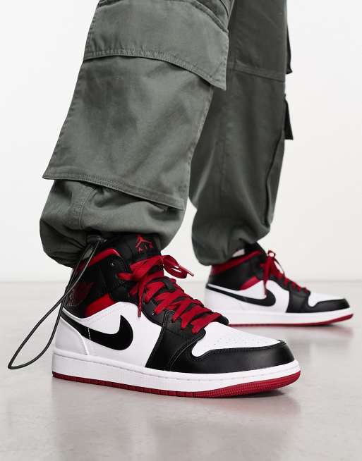 Air Jordan 1 Mid trainers in black, gym red and white