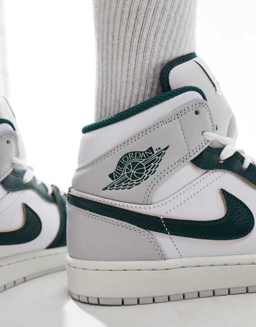 Air Jordan 1 mid trainers in white grey and dark green