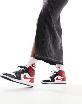 Air Jordan 1 Mid womens trainers in dark grey and gym red - CHARCOAL