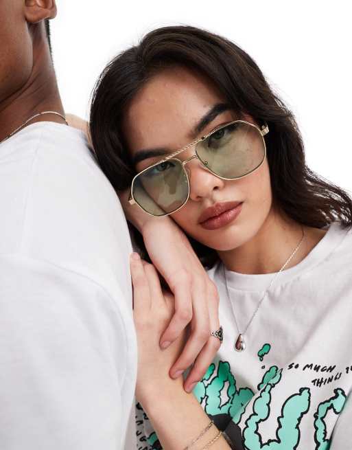 AIRE cosmos metal aviator sunglasses in green/gold | ASOS display picture 3