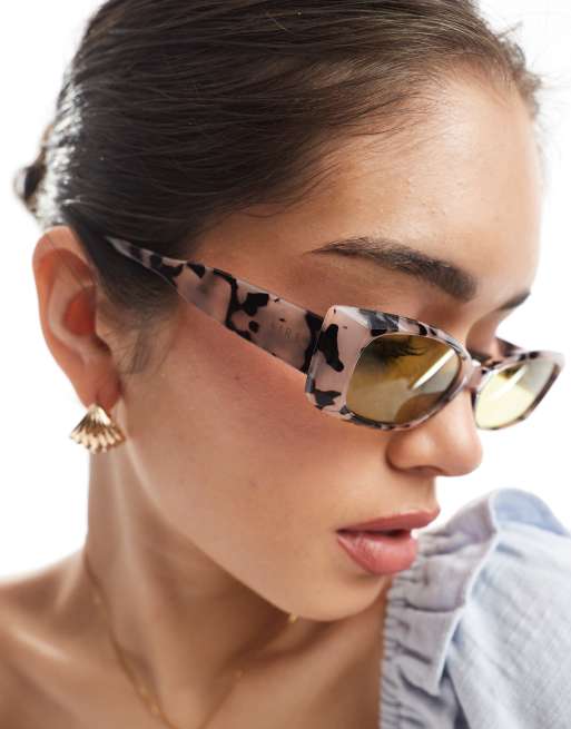 AIRE equinox pointed rectangle sunglasses in cookie tort with green lens, 3 of 3