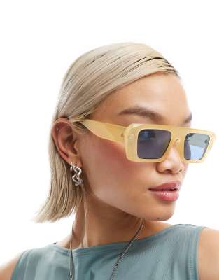 X ASOS apheta square frame sunglasses in yellow with blue lens