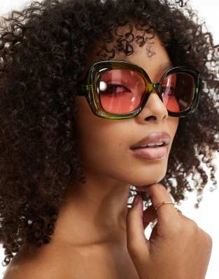 Aire X ASOS - Celestial - Eckige Sonnenbrille in Grün mit rosa Gläsern