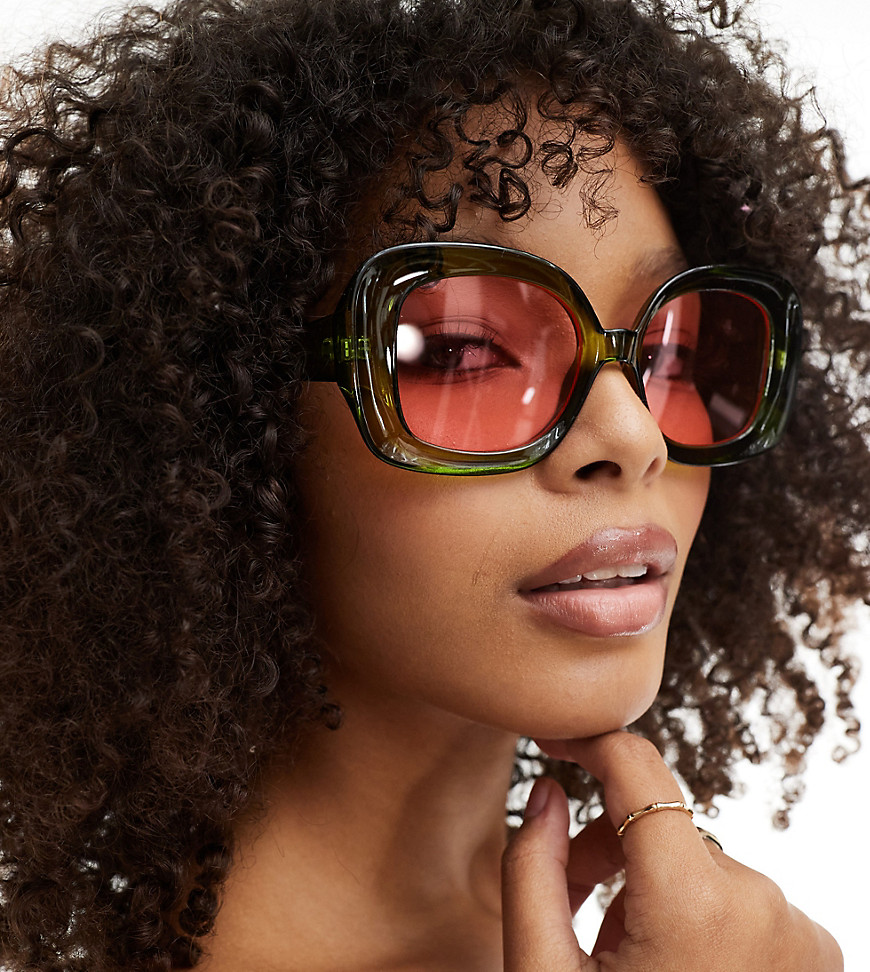 X ASOS celestial square sunglasses in green with pink lens