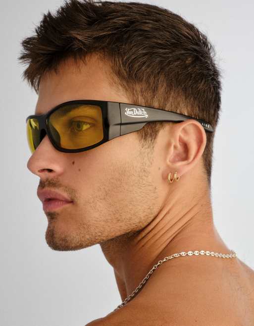 AIRE x Von Dutch Outlawed yellow lensed wrap around sunglasses in black, 2 of 5