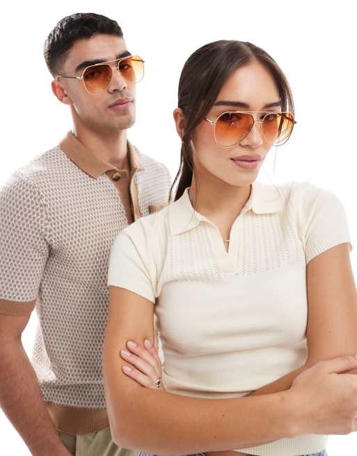AJ Morgan aces up metal aviator sunglasses in gold with gradient brown lenses , 3 of 3
