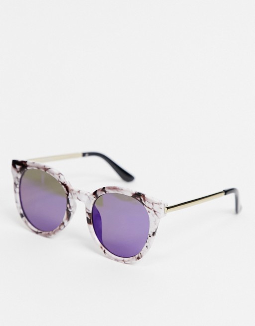 AJ Morgan cat eye sunglasses in white marble with blue mirror lens